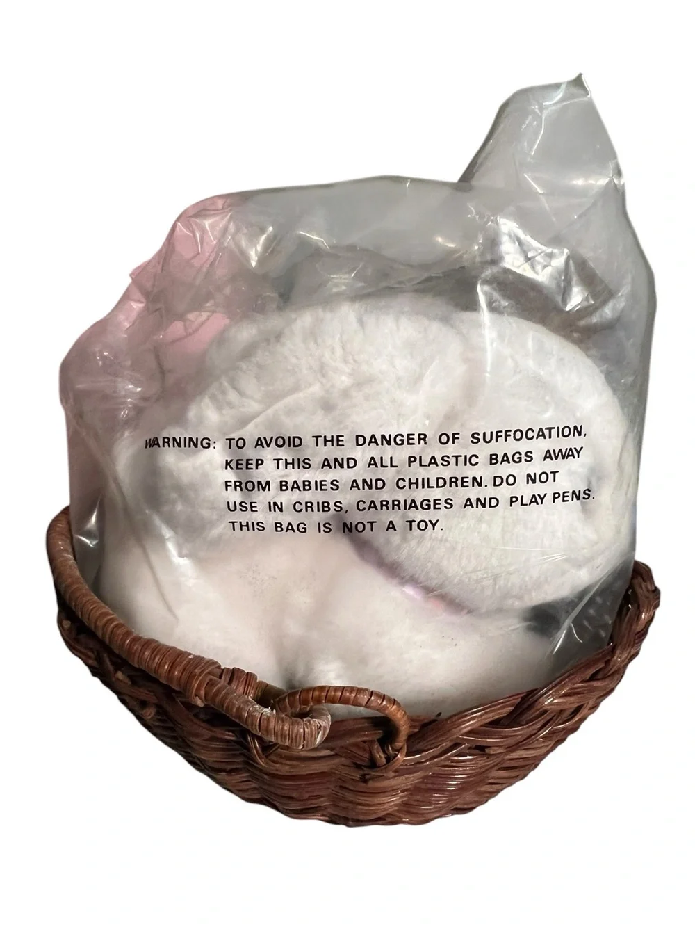 Vintage 1987 Avon Cuddlebunny Stuffed Toy in Wicker Basket White Bunny Handle